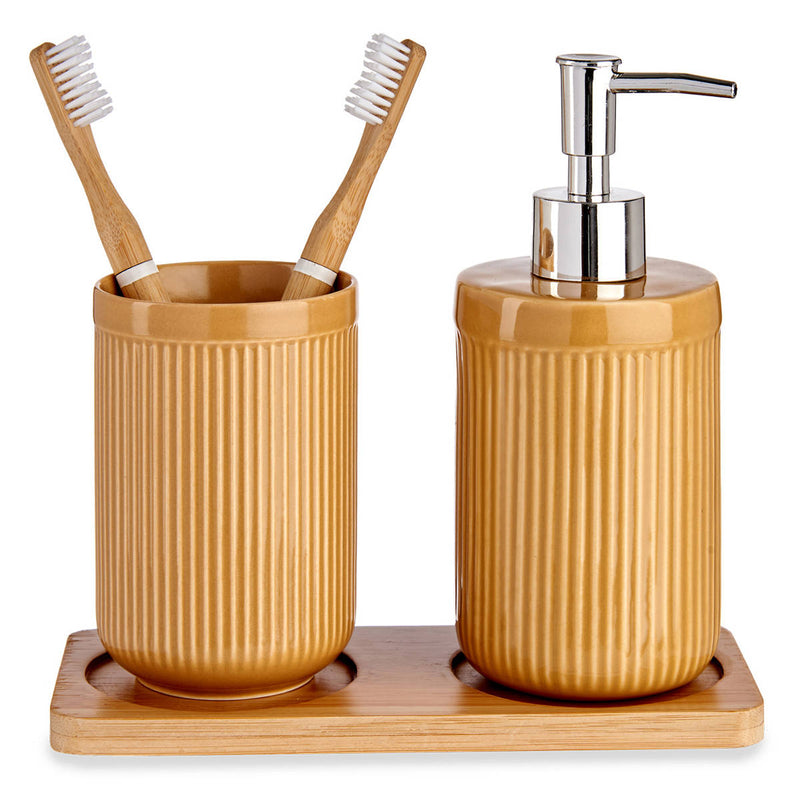 Zestaw łazienkowy ceramiczny na bambusowej podstawce, dozownik + kubek