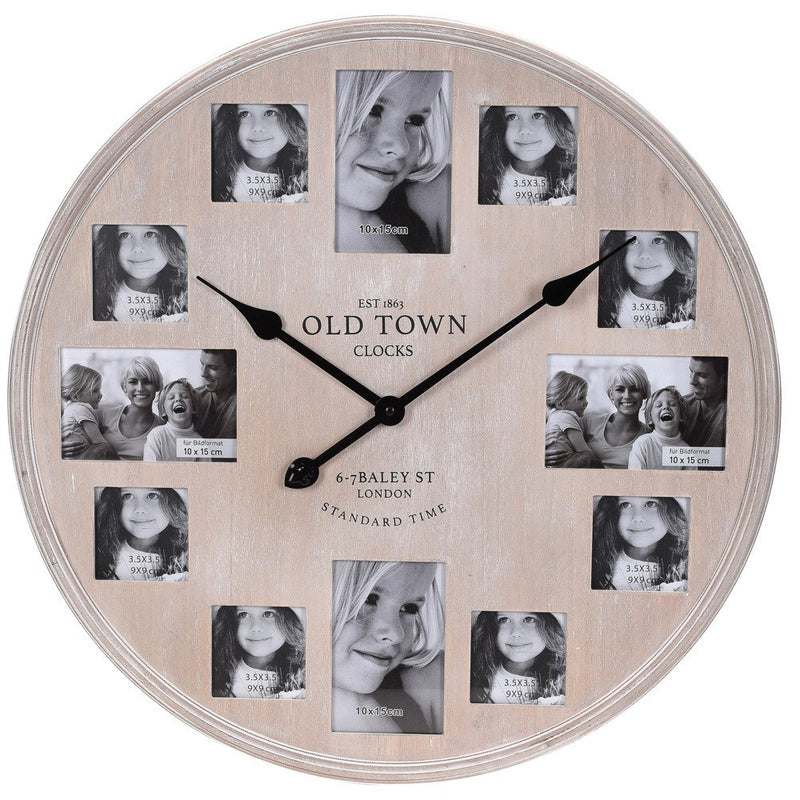 Zegar ścienny z ramkami na 12 zdjęć, drewniany, 60 cm