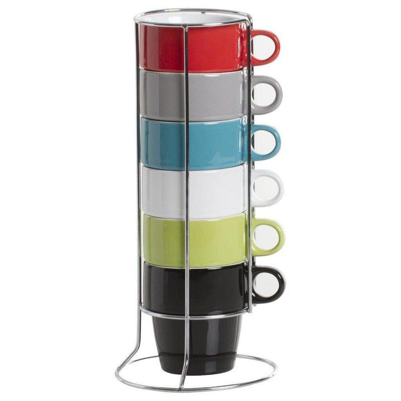 Zestaw 6 kolorowych filiżanek do cappuccino + metalowy stojak