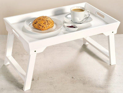 Elegancki stolik rozkładany w kolorze białym, stolik drewniany, biały stolik, taca śniadaniowa, taca do łóżka, stolik na łóżko, Kesper