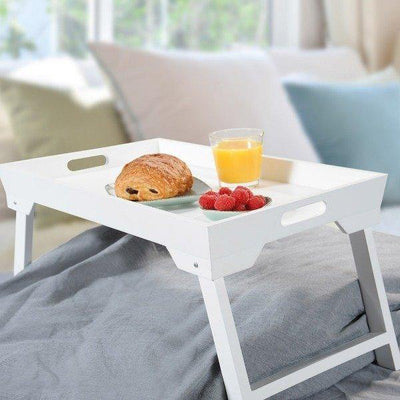 Elegancki stolik rozkładany w kolorze białym, stolik drewniany, biały stolik, taca śniadaniowa, taca do łóżka, stolik na łóżko, Kesper