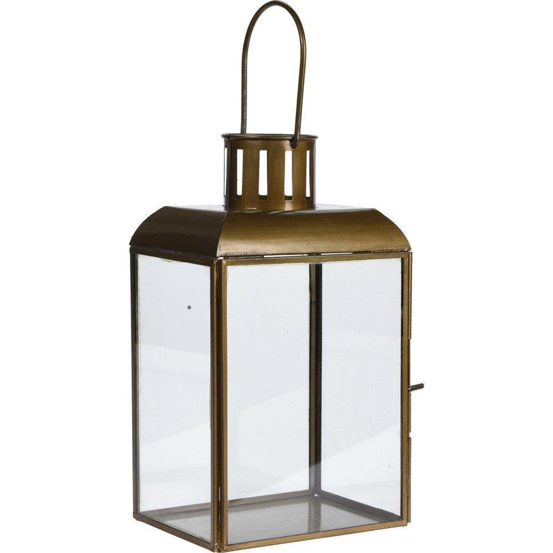 Lampion dekoracyjny, szklany, prostokątny, uchwyt, 21 cm wysokości, szklane ścianki, mosiądz, stare złoto, latarnia