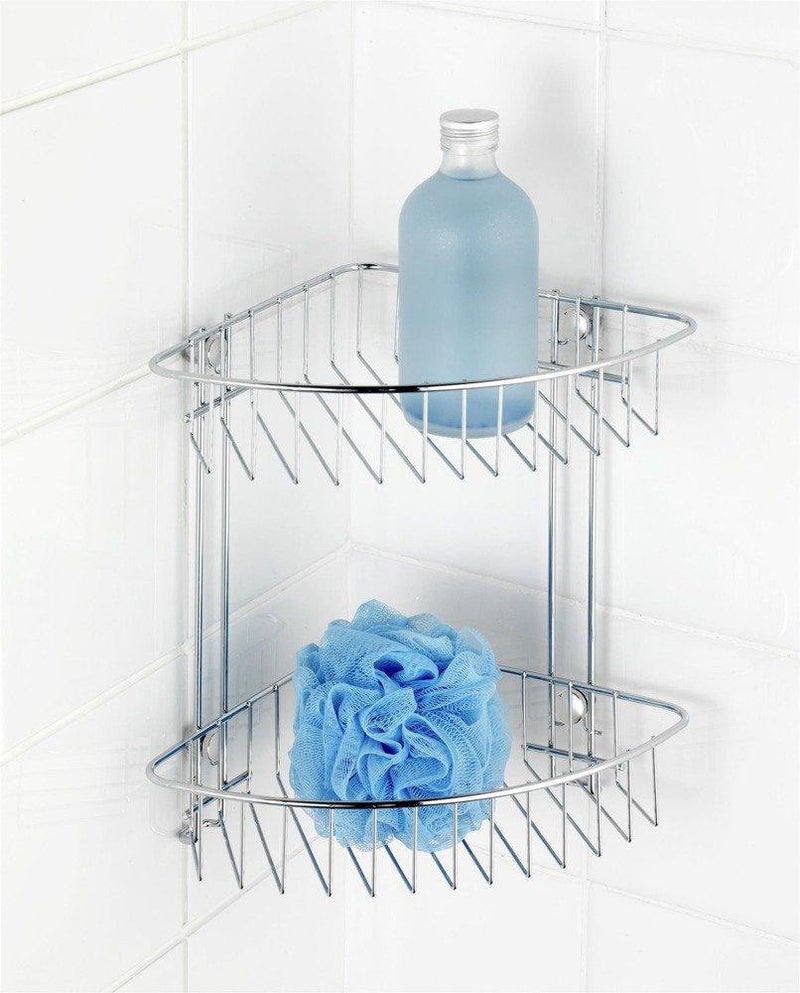 Półka łazienkowa narożna Classic WENKO, 2 praktyczne kosze na akcesoria kąpielowe i haki na ręczniki