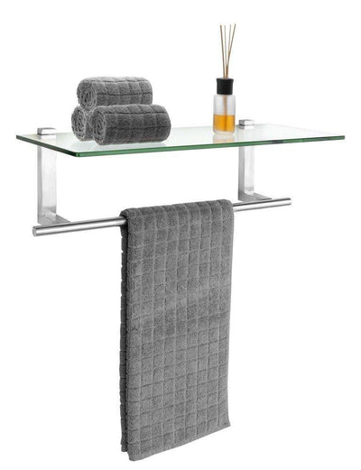 Półka łazienkowa ze szkła hartowanego, stelaż ścienny ze stalowym drążkiem na ręcznik - 24,5 x 18,5 x 60 cm, WENKO