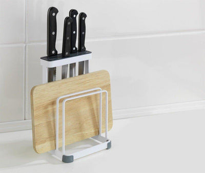 Uchwyt kuchenny na 4 noże i 2 deski do krojenia, praktyczny stojak z metalu i tworzywa sztucznego - WENKO
