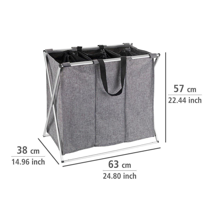 Kosz tekstylny na pranie TRIO ze stalową ramą, składany pojemnik trójdzielny na bieliznę - 130 l, 59 x 57 x 38 cm, WENKO