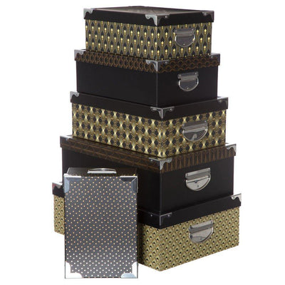 Zestaw tekturowych pudełek z pokrywkami na dokumnety, 6 sztuk w komplecie, kolor czarno-złoty