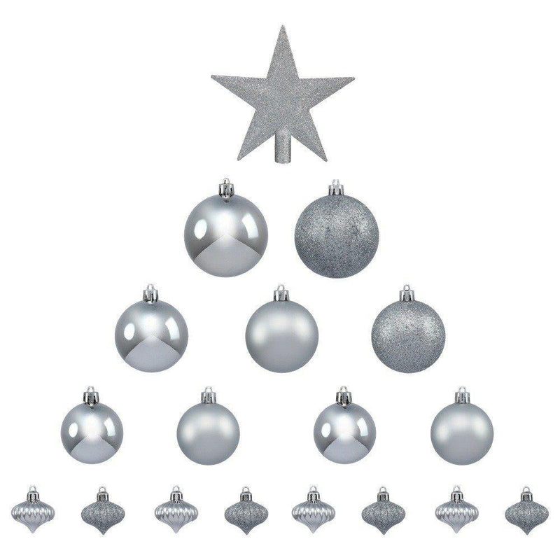 Zestaw srebrnych bombek świątecznych z gwiazdą, 18 elementów