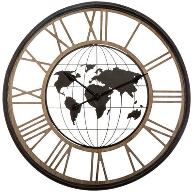Zegar na ścianę z mapą świata i rzymskimi cyframi, cichy mechanizm, Ø 67 cm