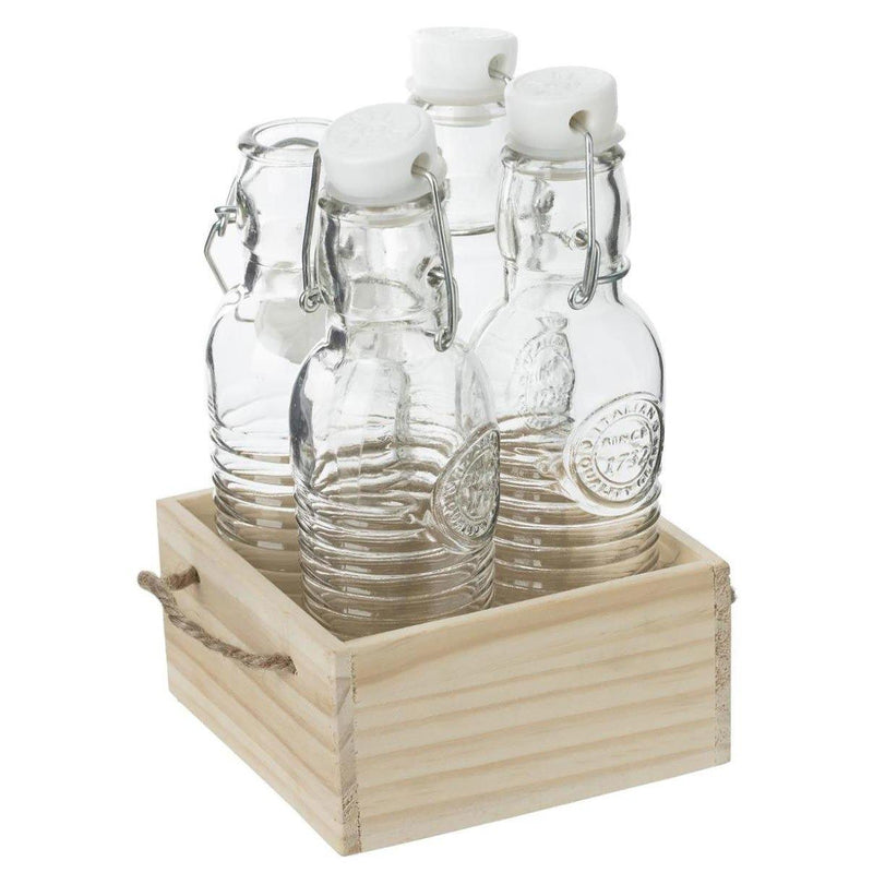 Komplet szklanych butelek do napojów LIMO, 4 sztuki z drewnianą podstawką