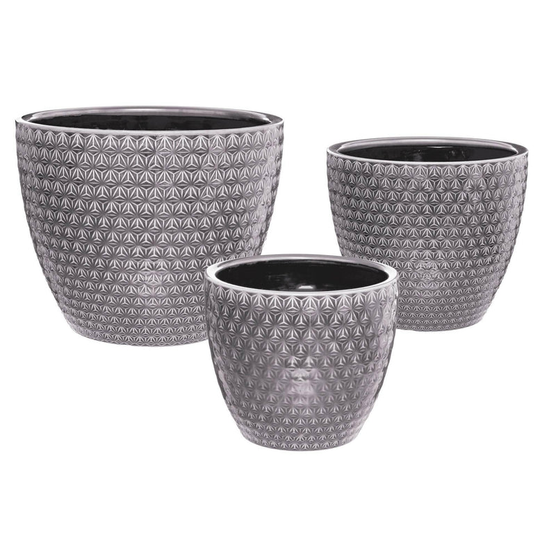 Doniczki ceramiczne, 3 sztuki, z geometrycznym zdobieniem