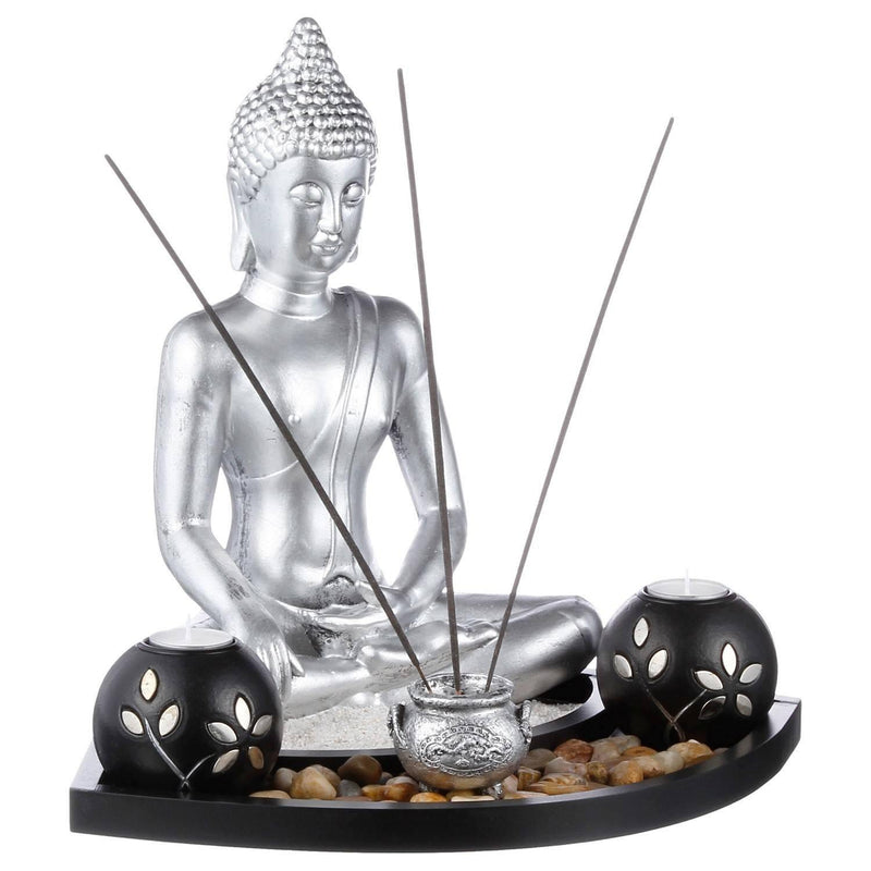 Figurka buddy z kadzidełkami i świecznikami ZEN GARDEN, srebrna