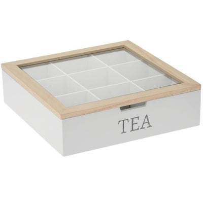 Pudełko na herbatę z napisem TEA, MDF, 24 x 24 x 7 cm, białe
