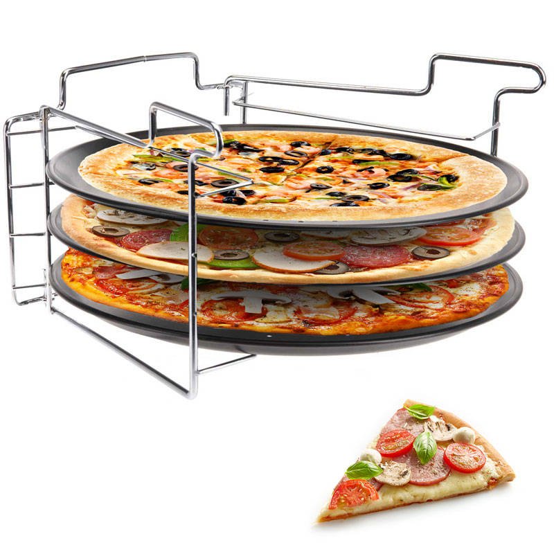 Zestaw do pieczenia pizzy: 3 metalowe blaszki + stojak
