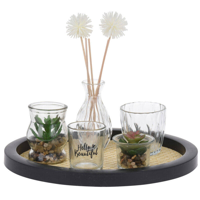 Taca glamour ze szklanymi wazonikami i sztucznymi roślinami, Ø 30 cm