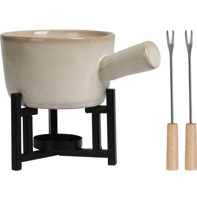 Zestaw do fondue serowego, rondelek z porcelany, 2 widelce