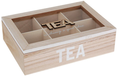 Drewniana szkatułka na herbatę, 6 przegródek - naturalne drewno